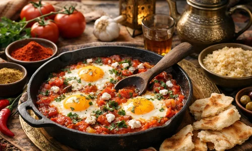 Chakchouka : recette aux œufs, tomates et épices douces : photo de couverture pour illustrer cet article