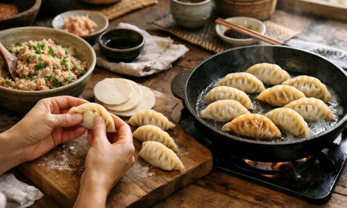 Gyoza maison : farce, pliage et cuisson en deux temps : photo de couverture pour illustrer cet article