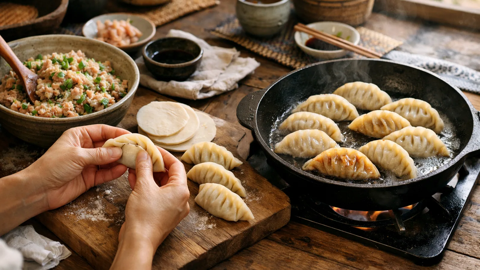 Gyoza maison : farce, pliage et cuisson en deux temps : photo de couverture pour illustrer cet article