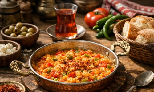 Menemen turc : œufs brouillés aux tomates et poivrons : photo de couverture pour illustrer cet article
