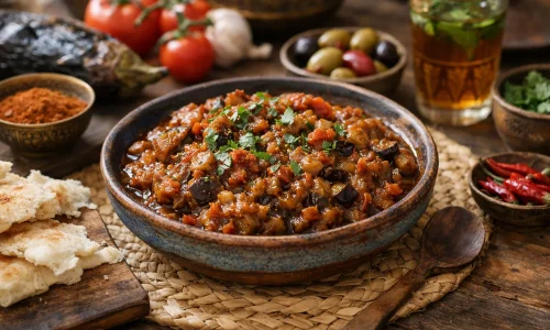 Zaalouk marocain : recette d'aubergines épicées : photo de couverture pour illustrer cet article